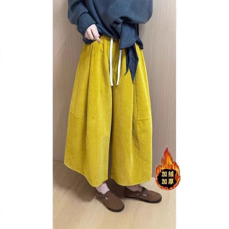 Corduroy Cropped Floral Skirt Pants for Women, Autumn 2025 New Style, Petite Design, Loose Casual Wide-Leg Pants