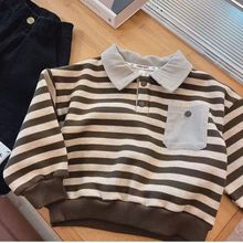 男童冬装加绒卫衣2024新款宝宝长袖POLO衫韩版条纹儿童一体绒上衣