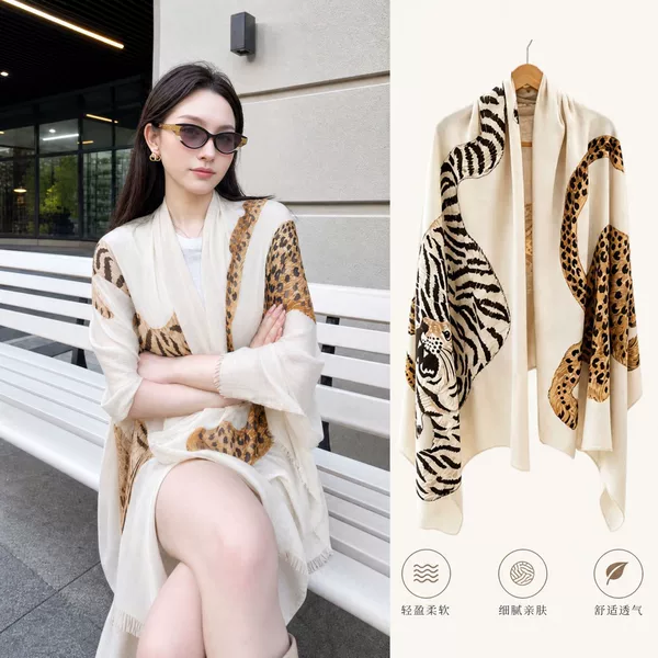 Leopard print double-sided cotton-linen shawl, vintage print, suitable for summer air-conditioned rooms, sun protection, versatile