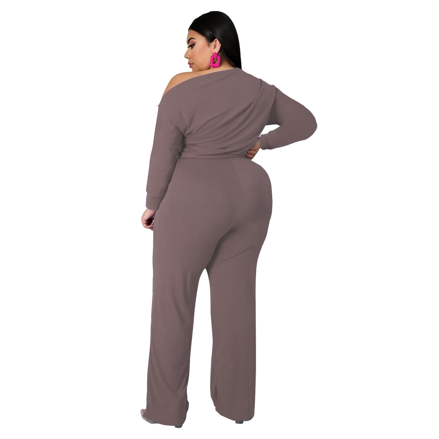 women s plus size solid color strappy shoulder T-shirt flared pants suit nihaostyles clothing wholesale NSBMF80099