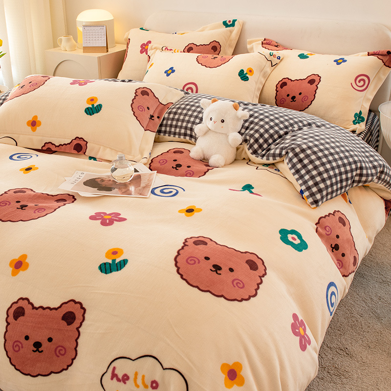 Invierno de coral cubierta de edredón de una sola pieza de invierno de peluche de doble cara de peluche de leche de cuatro piezas de cubierta de edredón de una sola persona engrosada