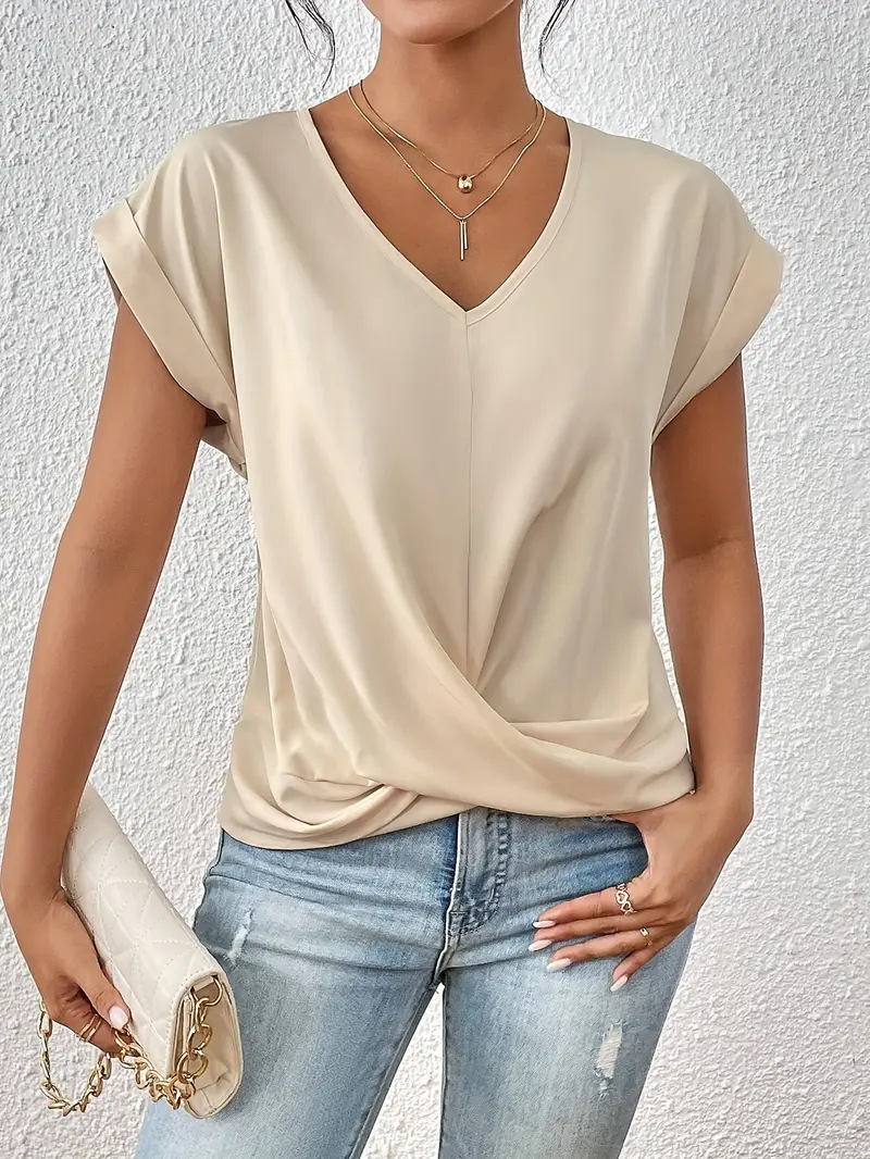 Women's Clothing Elegant V Neck T-Shirt Solid Color Short Sleeve Top For Spring And Summer Hot Selling_ecoleips.com