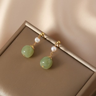Natural fresh water Hetian jade pearl earrings fresh green niche handmade design high-end ancient style earrings earrings for women