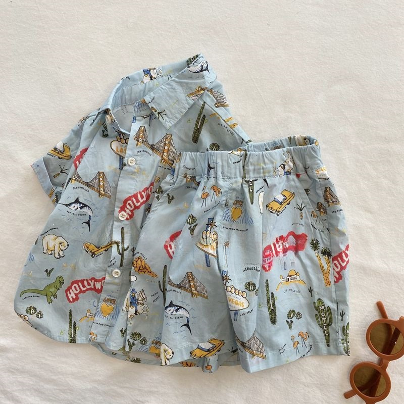 Boys' Summer Outfit New Style for Young Children, Stylish Dinosaur Print Short-Sleeve American Retro Style Shirt