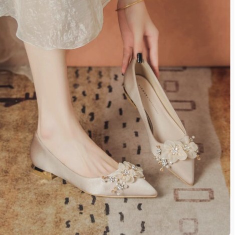 1961-69B Flower Bride Xiuhe Wedding Dress Dual-purpose Wedding Shoes for Women Not Tired Feet French Beautiful Satin Low Heel