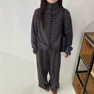 羊毛开衫女针织网红外套长袖时尚条纹上衣显瘦百搭打底衫翻领毛衣