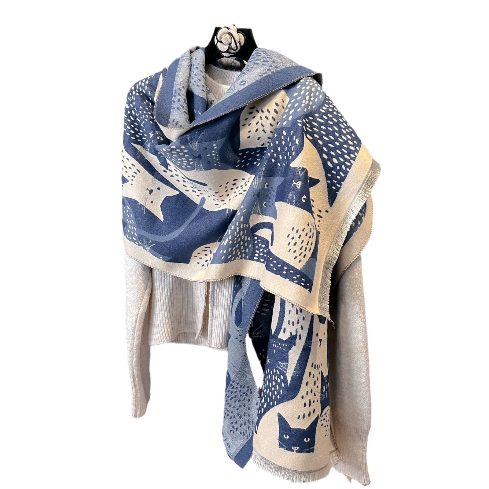 2024 dulce gato de dibujos animados de doble cara imitación de cachemir jacquard buñuelo de invierno grueso y cálido bufandas largas para mujeres