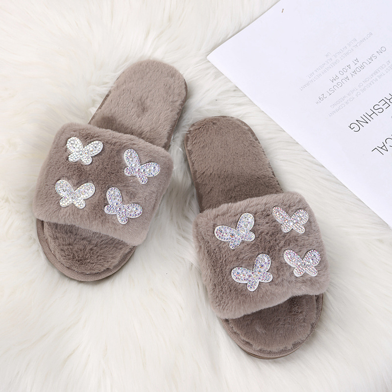 Plush Butterfly Cotton Rhinestone Slippers NSKJX104251