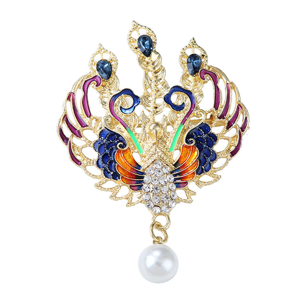 Chinese Style Vintage Bird Face Phoenix Luxury Enamel Phoenix Alloy Brooch Women Pearl Smart Suit Accessories