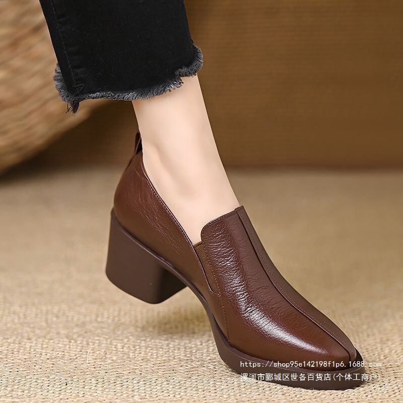 Simple retro textured leather shoes, 2026 new model, chunky heel, pointed toe, soft sole, versatile, high-end women's shoes Simple retro textured leather shoes, 2026 new model, chunky heel, pointed toe, soft sole, versatile, high-end women's shoes