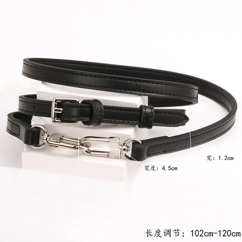 Premium cowhide plain black 1.2cm shoulder strap silver buckle