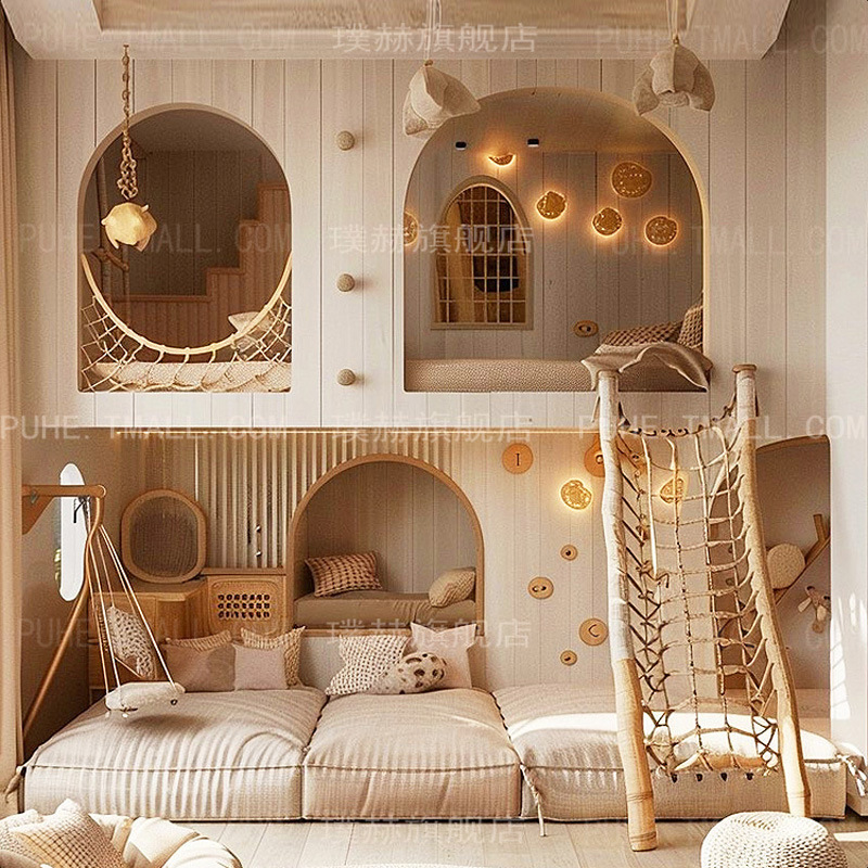 Secret Base Children's Bed for Boys, Children's Room Full House Light Luxury Simple Double Bed with Staggered Upper and Lower Bunk Design