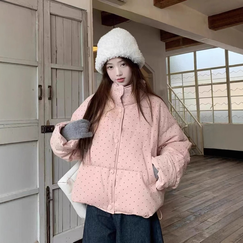 2025韩系甜美波点短款棉衣女宽松加厚面包服百搭保暖棉服外套|undefined