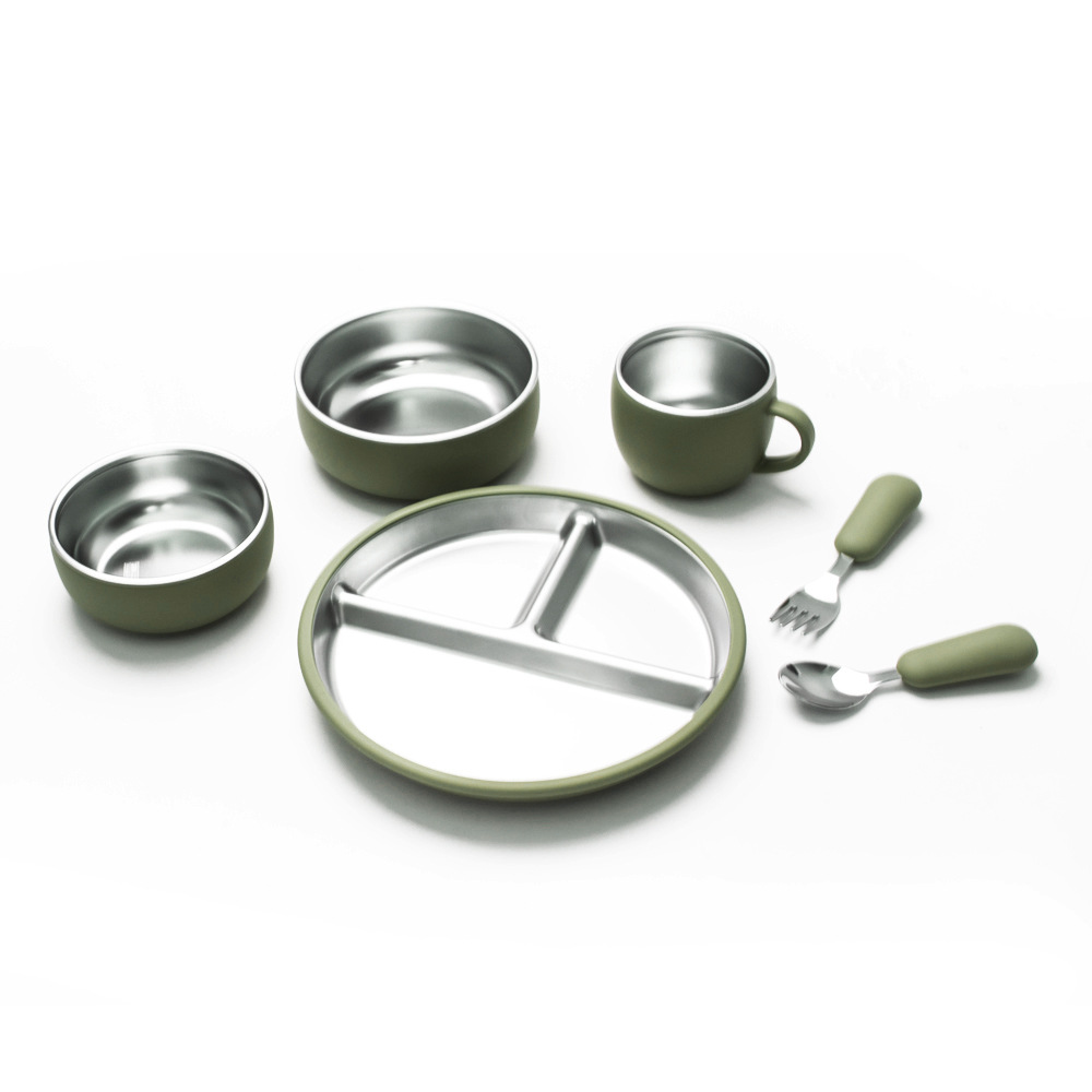 Nuevo silicona acero inoxidable ventosa platos de comedor integrados para bebés alimentación cubiertos de alimentos suplementarios para niños cucharas de cucharas de taza conjunto