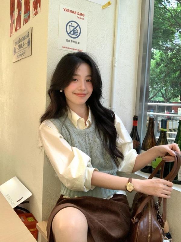 韩系学院风套装女气质Polo领衬衫上衣春秋叠穿针织马甲背心两件套|undefined