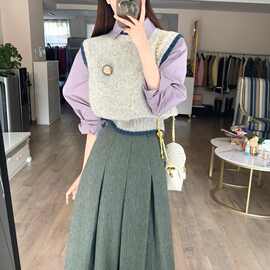 早春韩系穿搭套装女2026新款学院风宽松百搭衬衫马甲半身裙三件套