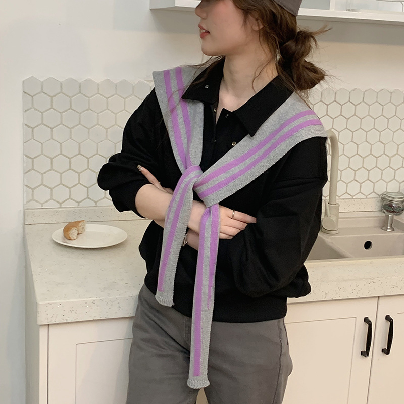 Chal de punto para mujer primavera y verano nuevo estilo azul marino a rayas estilo coreano todo-fósforo aire acondicionado decoración de la habitación cuello exterior chaleco pequeño