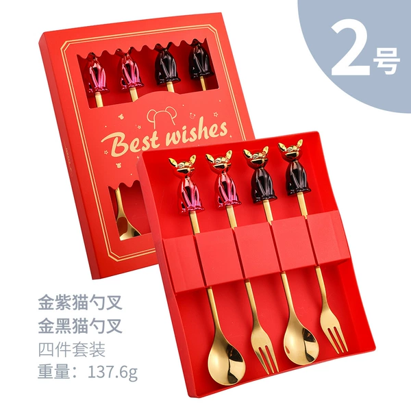 (Gold Purple/Black Gold) Egyptian Cat Spoon and Fork-Gold 4PCS Color Box