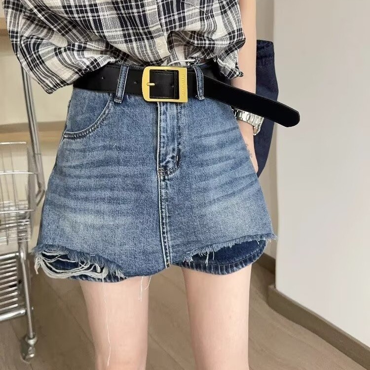 Blue Raw Edge Denim Shorts for Women 2025 Summer Large Size High Waist Wide Leg Culottes Fashionable Versatile A-Line Hot Pants