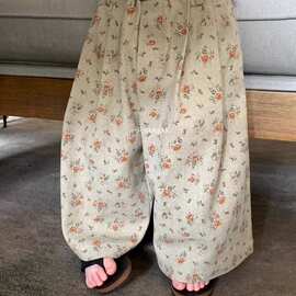 一只叁崽女童春季复古碎花牛仔裤阔腿裤宝宝洋气儿童宽松裤子长裤