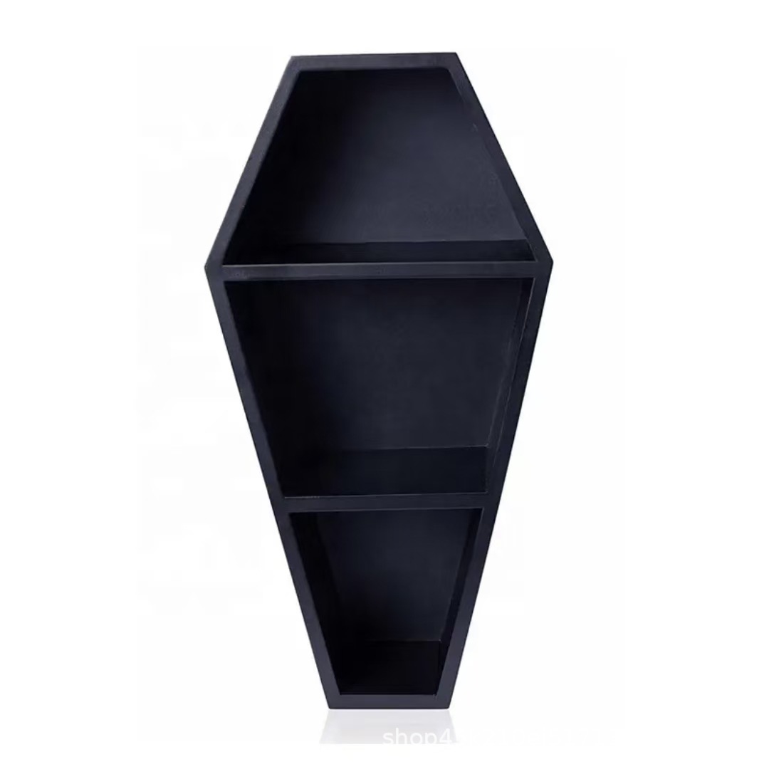 Custom-made dark-themed wooden shelving unit for a haunted house, featuring a ghost design, perfect for Halloween decorations, creative wooden partitions, hanging shelves, and display stands