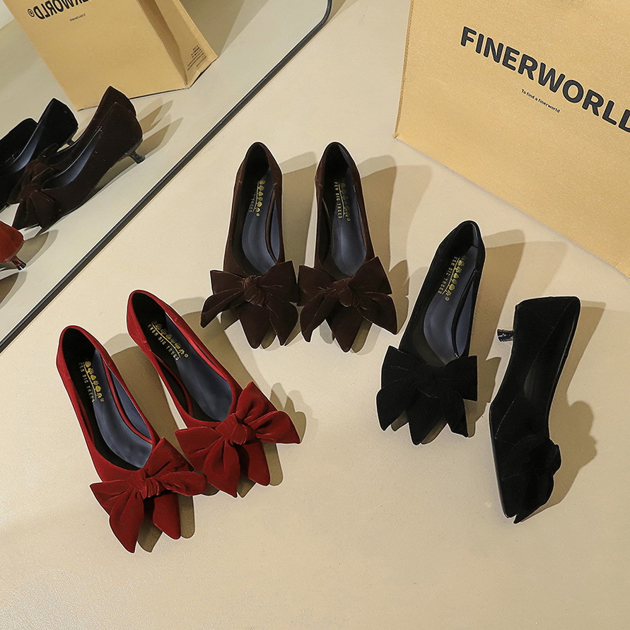 2377-H106 Korean-style Elegant Suede Stiletto With Pointed Toe, Versatile Bow Design, Casual Low-heel Commuter Women's_vogvips.com
