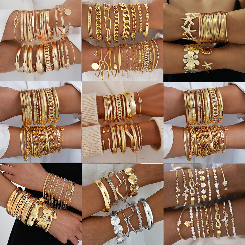 Cross-Border Best-Selling European and American Style Gold-Plated Bracelet Set, Knotted Round Bead Geometric Open Smooth Bracelet Jewelry Set Cross-Border Best-Selling European and American Style Gold-Plated Bracelet Set, Knotted Round Bead Geometric Open Smooth Bracelet Jewelry Set