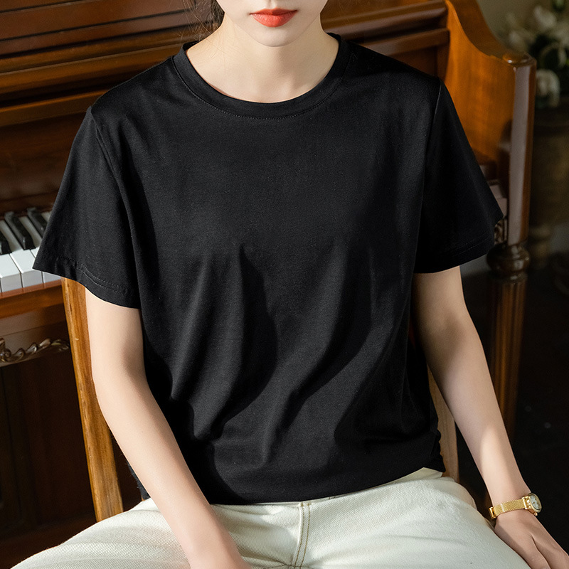 2023 nueva Camiseta de algodón con cuello redondo para mujer Camiseta de algodón mercerizado de hielo simple top de color sólido image 10