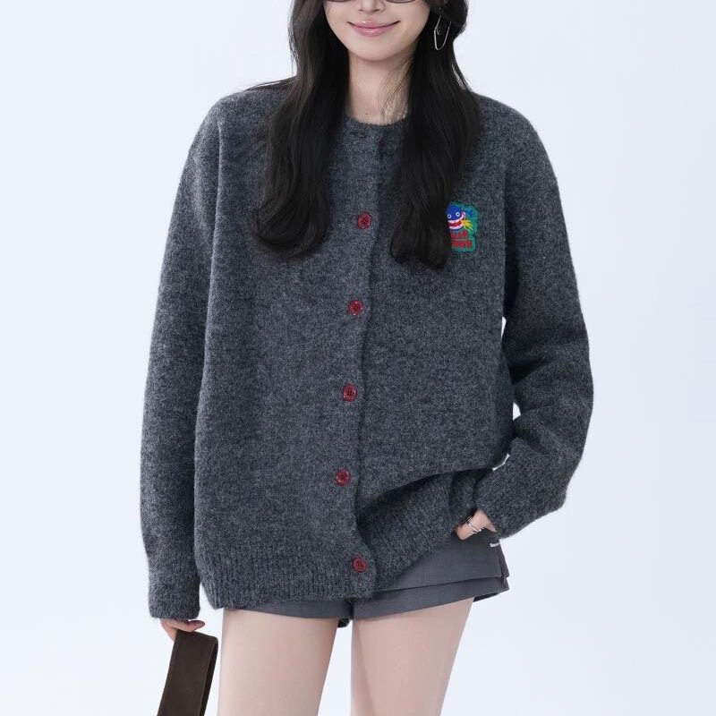 美式个性刺绣个图案圆领长袖针织开衫男女宽松休闲百搭潮ins毛衣|undefined