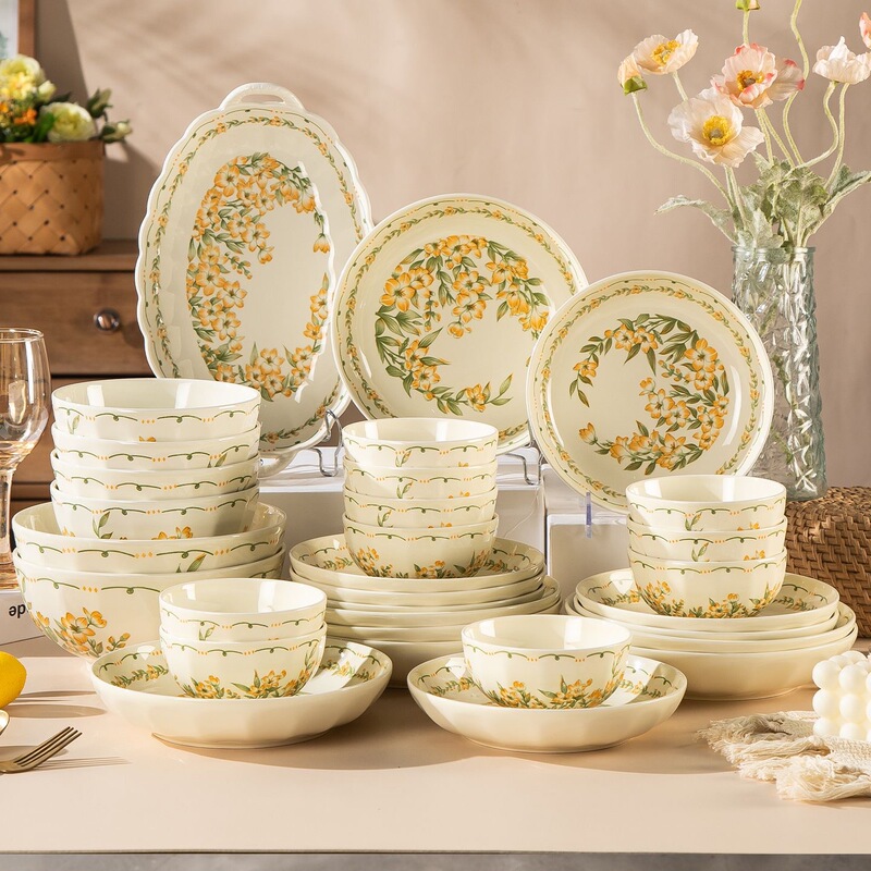 Home-Use Trendy Ceramic Spring, Summer, Autumn, Winter Series Creative Palace Bowls, Palace Plates, Dining Bowls, Soup Bowls, Noodle Bowls, Double-Handle Bowls