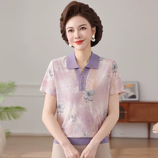 中老年女夏季冰丝印花T恤时尚翻领上衣2026新款妈妈夏装短袖小衫