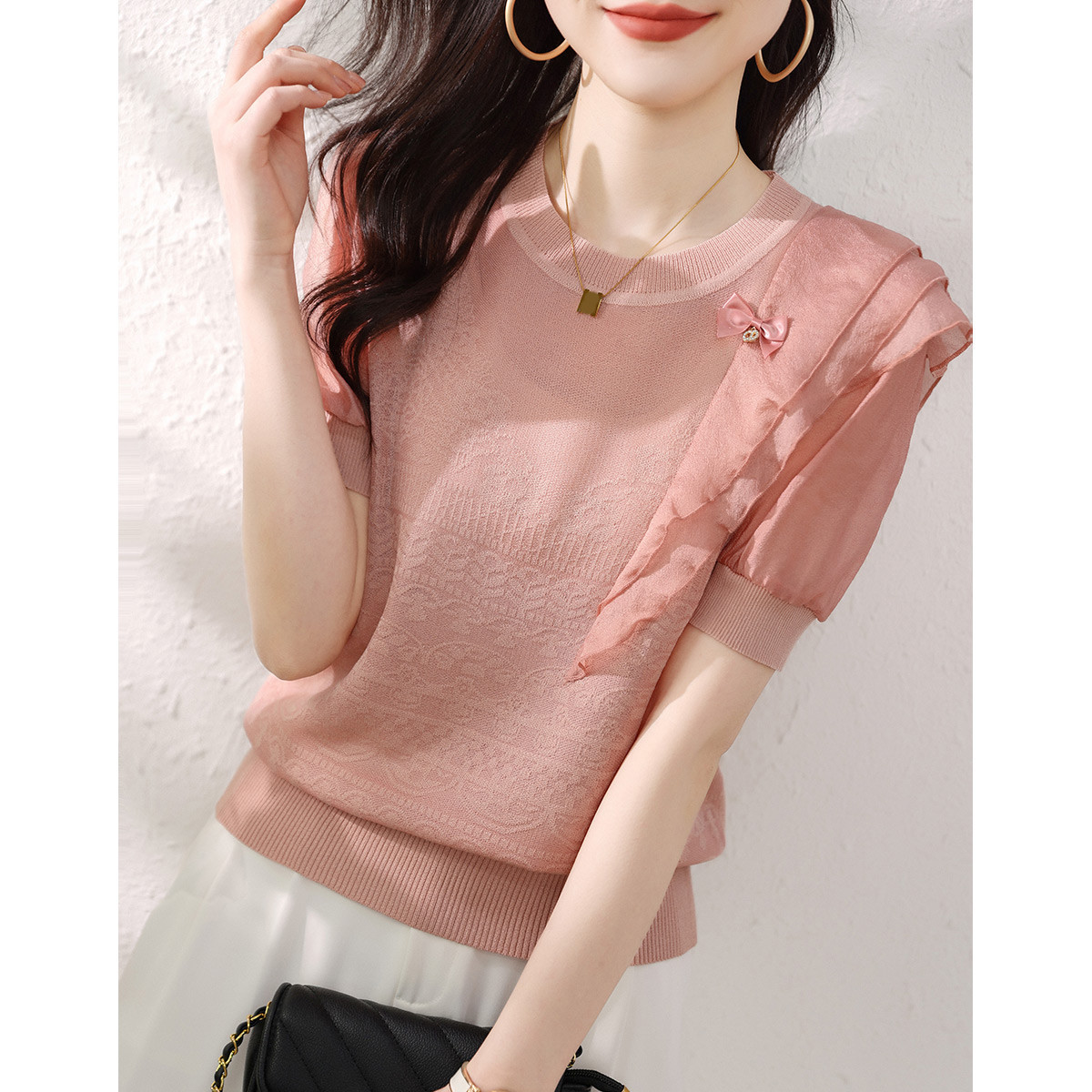 针织衫t恤女短袖秋季2022新款粉色韩版宽松拼接时尚设计感上衣