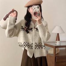 秋装韩国东大门复古重工提花撞色宽松加厚拉链针织开衫毛衣外套女