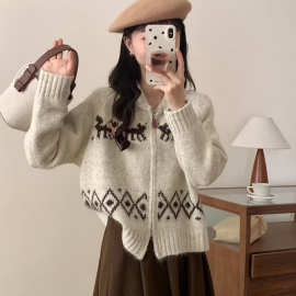 秋装韩国东大门复古重工提花撞色宽松加厚拉链针织开衫毛衣外套女