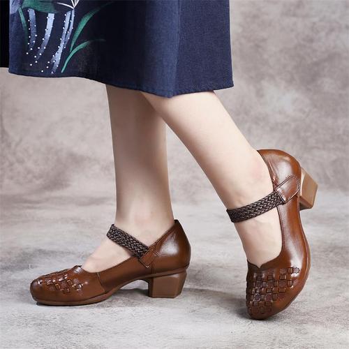 Spring and Autumn Women's Retro Single Shoes: Top-Grade Cowhide, Chunky Mid-Heel, Velcro Closure, Woven Round Toe, Distressed Light-Color Design—Perfect for Dancing