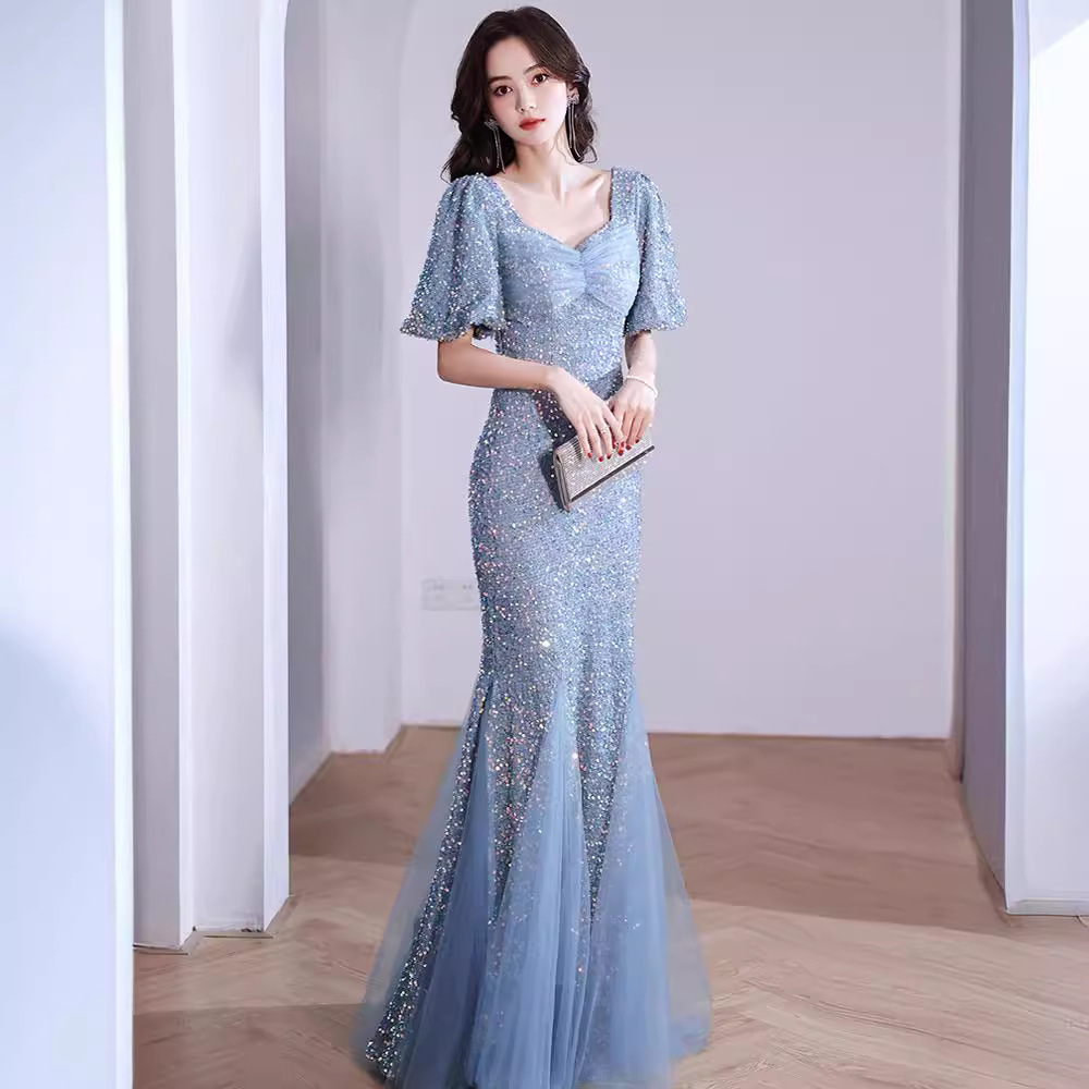 Blue Sequined Evening Dress, Slim Fit, Fishtail Slimming Host Long Dress, French Square Neck Short-Sleeved New Dress