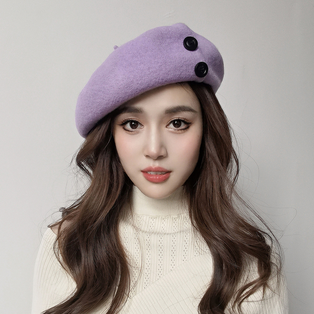 Autumn and winter fashion casual warm button decoration plus large elastic sweatband wool beret painter trendy hat_viptrois.com