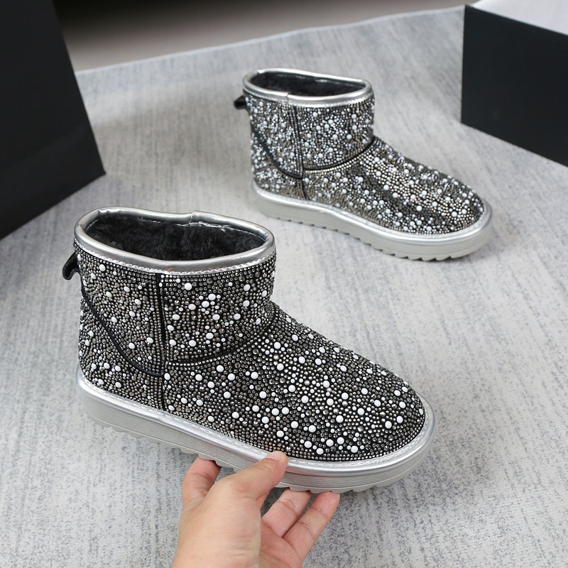 2023年新款雪地靴女低帮雪地棉厚底加绒保暖牛皮水钻雪地鞋百搭潮|ru