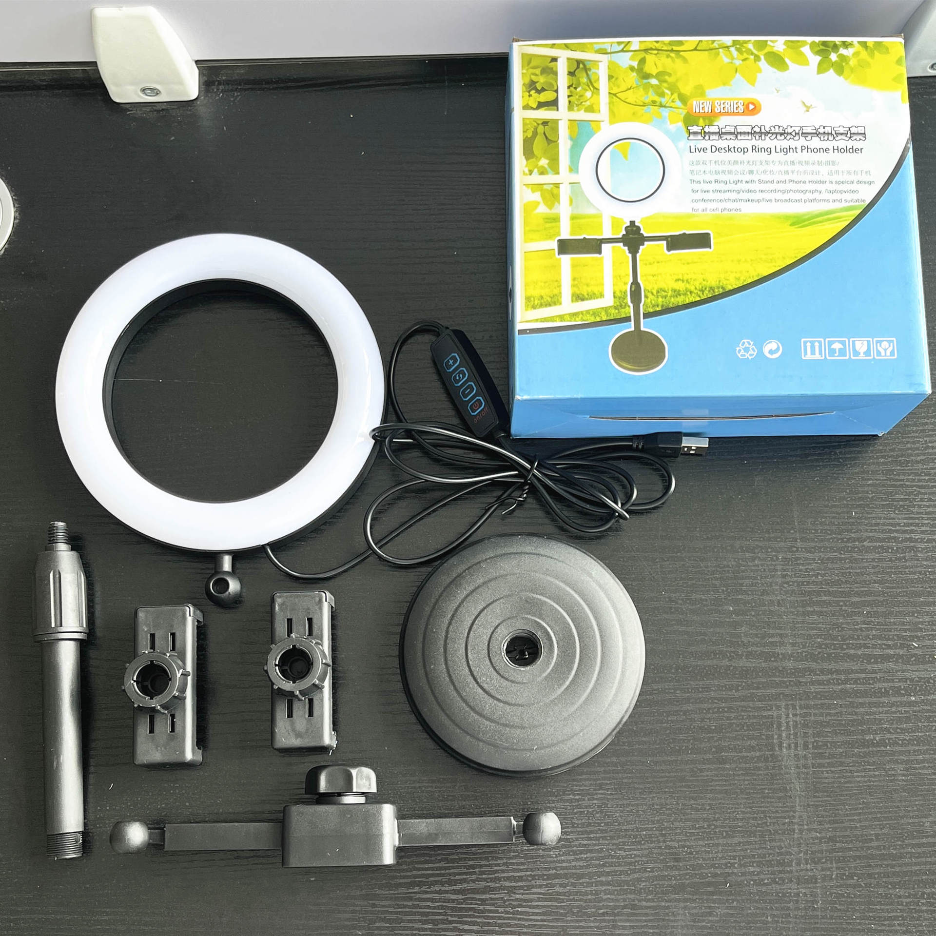 Factory Direct Supply 6-inch 16CM Three-Color Beauty Ring Light Dual Phone Live Streaming Computer Host Desktop Circular Stand