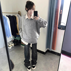 学院风灰色polo领毛衣女宽松慵懒美式复古秋季冬翻领针织衫外套潮