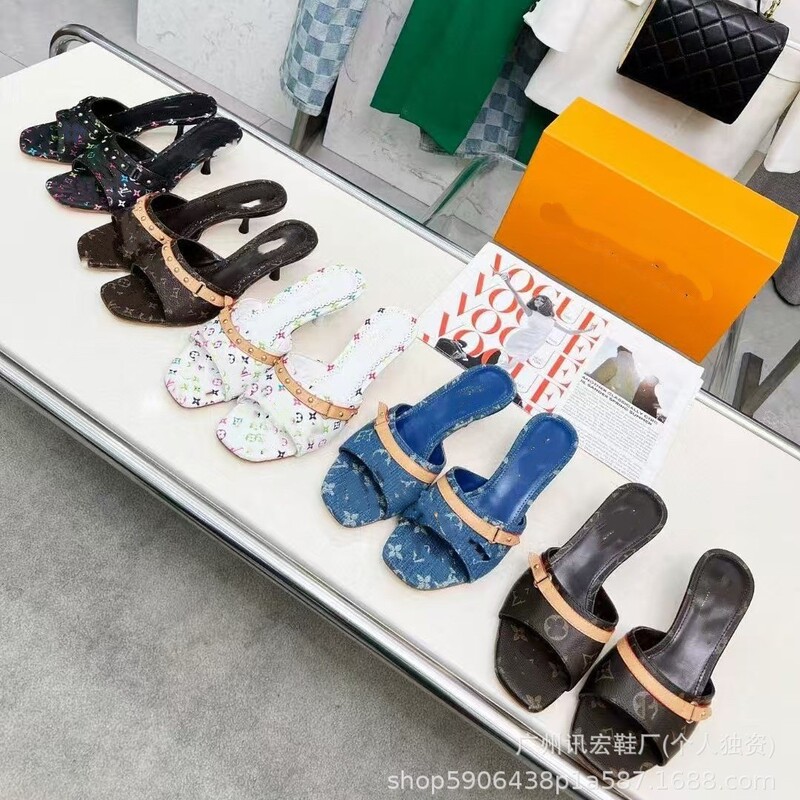 In-Stock Versatile Denim High-Heeled Sandals for Women, Lv 2025 New Fashion Simple Casual High-Heeled Slippers