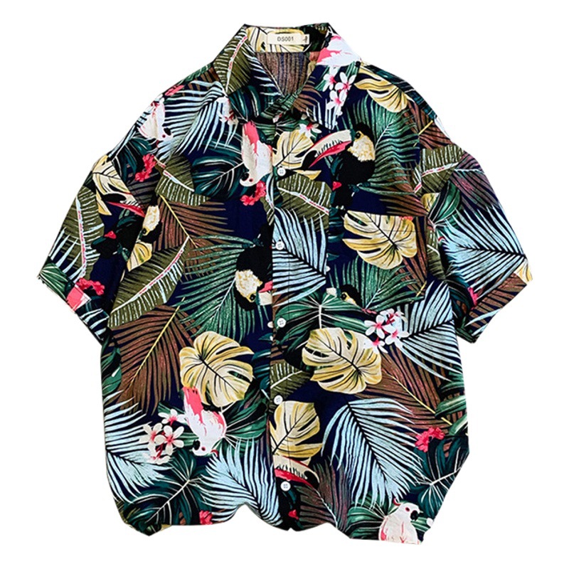 Estilo retro de Hong Kong Ruan guapo camisa de seda de hielo abrigo ropa de los hombres Hawaii playa floral camisa de manga corta de los hombres sueltos más tamaño