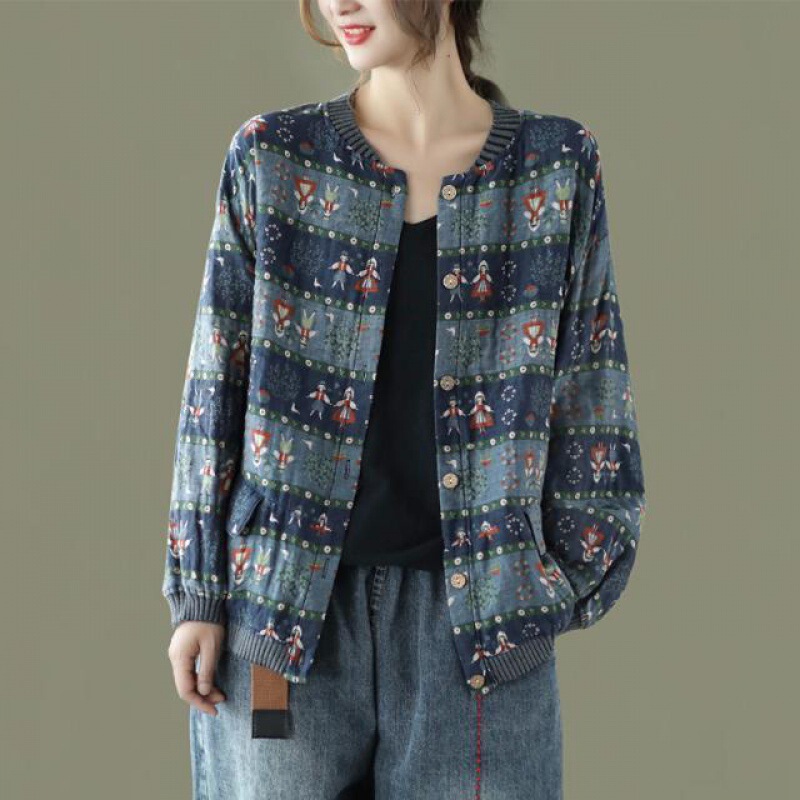 Spring and Autumn Vintage Artistic New Floral Long-sleeved Short Cardigan Ethnic Style Loose Skinny Jacket Coat Top