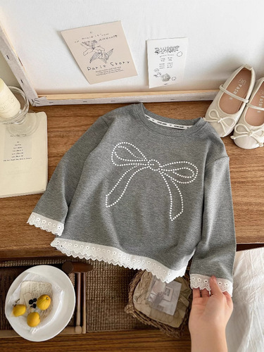 2025 Korean-style bow handmade beaded women's round neck design sense loose slim sweet knitted sweater