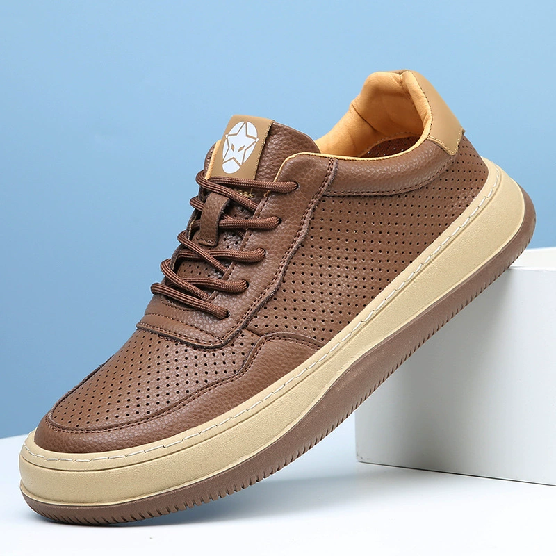 Обувь Мужские кроссовки Кожаная весна лето новые толстые подошвы полые дыры спортивная повседневная обувь мужские дышащие маленькие белые туфли