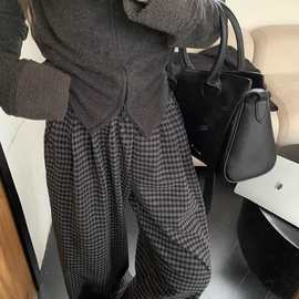 复古宽松格子休闲裤慵懒风阔腿裤女冬季高腰毛呢直筒裤拖地裤长裤