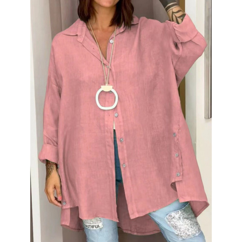 Plus Size Fat MMM European and American Autumn Single Breasted Solid Color Short Front Long Back Long Sleeve Cotton Linen Shirt Sunsuit Women M-4XL
