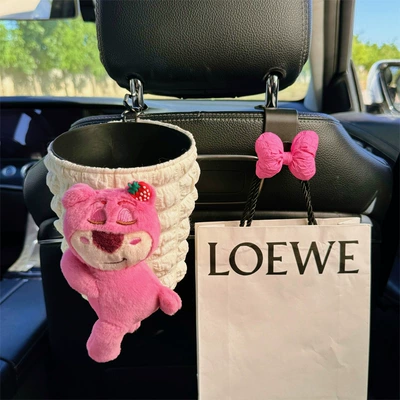 Box Cute Strawberry Bear High-End: Car tissue box/set - pink-strawberry-bear-2-piece-set-puff-trash-can-chair-back-hook