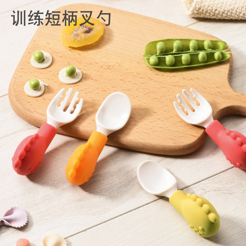 Infant and toddler short handle training fork and spoon combination baby food supplement tableware combination learning eating tool
