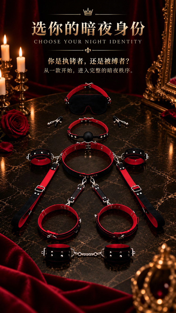 Adult Couples Bondage Restraint Kit in PU Leather with Metal Handcuffs, Black-Red — detail image 17